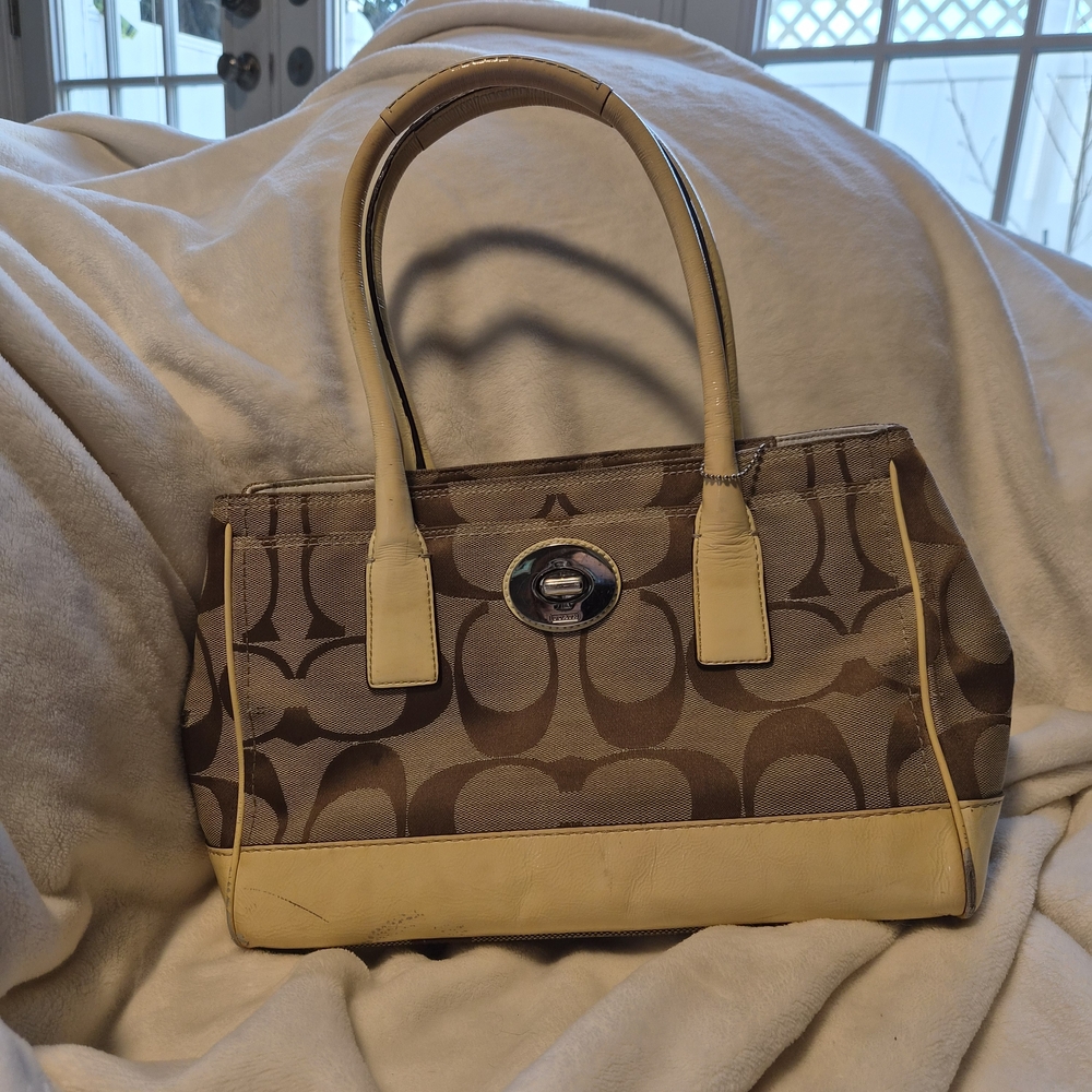 ​Coach Signature Khaki Canvas Turnlock Tote Bag F13571 - Cream Leather Trim